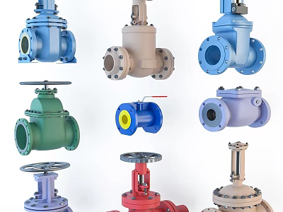 Different Types Of Colorful Industrial Valves With Flanged Connections And Handwheels 3d model