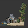 Cartoon Scenic Waterfront Cabin On Sandy Shore With Wooden Pier Small Boat And Pine Trees