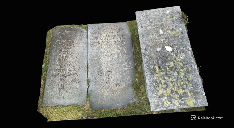 Ancient Weathered Tombstones Covered In Moss With Engraved Inscriptions And Grass 3d model 