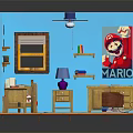 Cartoon Room Interior With Blue Walls Mario Poster Bed Desk And Wooden Floor