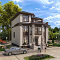 Two Story Detached Villa With Stone Facade And Lush Garden Surrounded By Green Trees