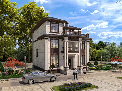 Two Story Detached Villa With Stone Facade And Lush Garden Surrounded By Green Trees 3d model