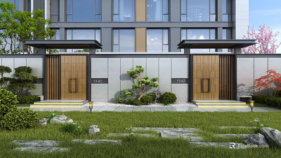 Modern Wooden Entrance Gate With Small Pine Shrubs Lawn And Stone Decorations 3d model 
