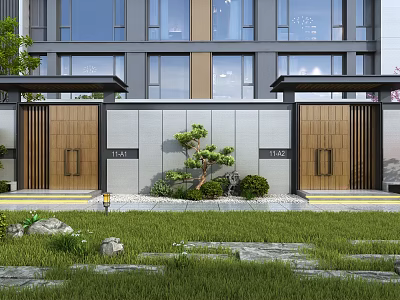 Modern Wooden Entrance Gate With Small Pine Shrubs Lawn And Stone Decorations 3d model