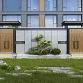 Modern Wooden Entrance Gate With Small Pine Shrubs Lawn And Stone Decorations
