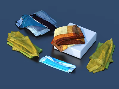 Colorful Towels with Various Patterns Neatly Folded on White Square Base 3d model