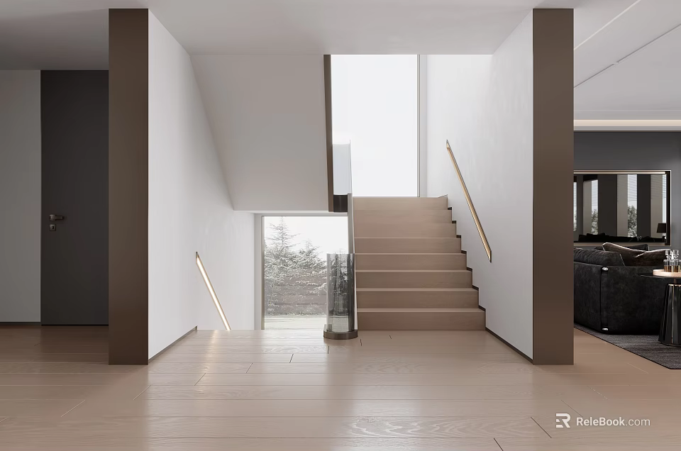 Modern Minimalist Spacious Interior With Staircase And Neutral Tones 3d model