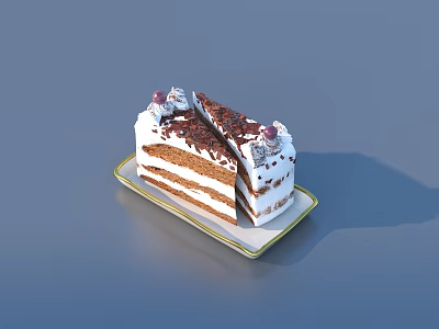 Layered Cake With White Cream Chocolate Shavings Cherry Toppings On White Plate With Slice Cut 3d model