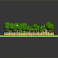 Lush Green Scenic Landscape With Trees Small Pond Yellow Fence And Pavilion