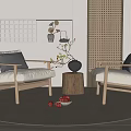 Two Leisure Chairs Wooden Frame White Cushions Gray Pillows on Round Carpet Wooden Stool Vase Lattice Wall Design