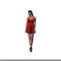A Woman Standing in Red Sleeveless Dress against Gradient Colored Background