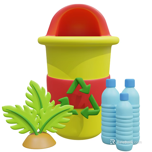 Colorful Recycling Bin With Green Symbol Blue Plastic Bottles And Green Leaf 3d model 