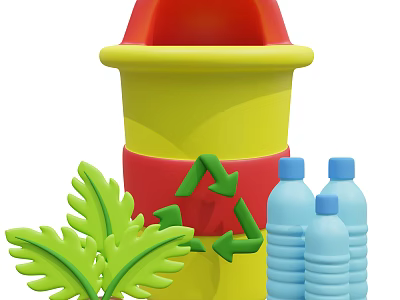 Colorful Recycling Bin With Green Symbol Blue Plastic Bottles And Green Leaf 3d model