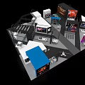 HARMAN Exhibition Booth Design With Blue Backdrops Reception Desk And Product Displays