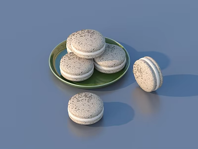 Delicious Macarons with Sesame Seeds on Green Plate and One Beside 3d model
