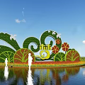 Green Landscape Sculpture With Curved Leaves Flowers Yellow Spiral People Silhouettes And Water Reflection