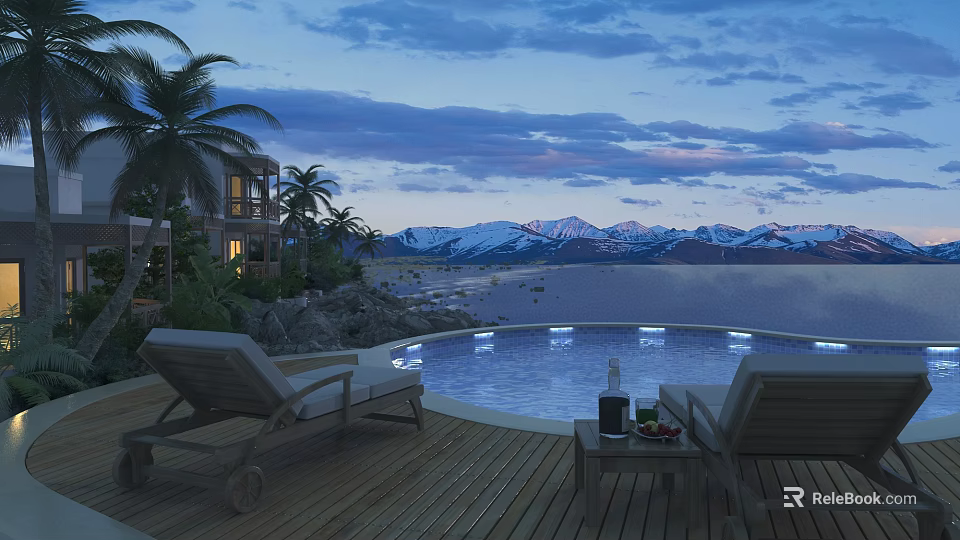 Evening Courtyard Garden with Swimming Pool Lounge Chairs Palm Trees and Snowy Mountains Lake View 3d model 