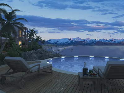 Evening Courtyard Garden with Swimming Pool Lounge Chairs Palm Trees and Snowy Mountains Lake View 3d model