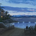 Evening Courtyard Garden with Swimming Pool Lounge Chairs Palm Trees and Snowy Mountains Lake View