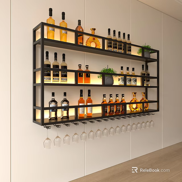Modern wall mounted wine rack with shelves holding various wine bottles and hanging wine glasses 3d model 