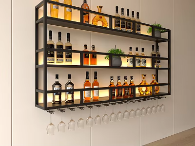 Modern wall mounted wine rack with shelves holding various wine bottles and hanging wine glasses 3d model