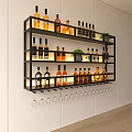 Modern wall mounted wine rack with shelves holding various wine bottles and hanging wine glasses