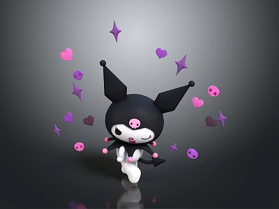 Cute Black Bat Eared Cartoon Character With Pink Skull Face And Decorative Stars Hearts Skulls 3d model