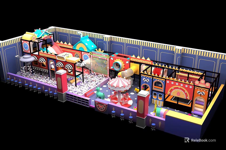 Vibrant Indoor Playground With Colorful Play Structures Interactive Areas And Fun Carousel Decorations 3d model 