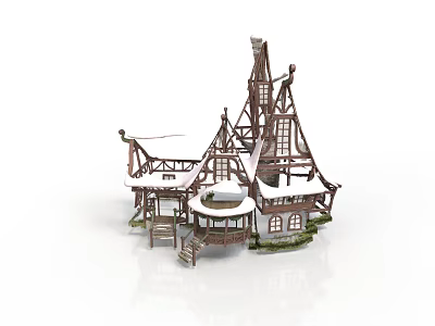 Medieval Style Building Structure With Wooden Tower Gabled Roof Staircase Platform And Windows 3d model