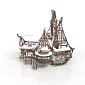 Medieval Style Building Structure With Wooden Tower Gabled Roof Staircase Platform And Windows