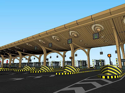 Toll Plaza With Canopy Roof Arched Columns Toll Booths And Yellow Black Barriers 3d model
