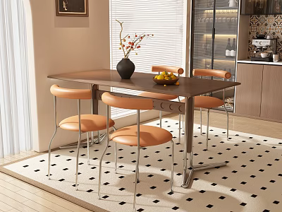 Modern Restaurant Interior With Dining Table Orange Chairs Vase Fruits And Black White Checkered Rug 3d model