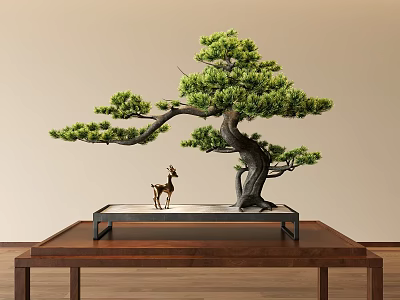 Decorative Ornament Set With Bonsai Pine Tree And Deer Figurine On Wooden Table 3d model