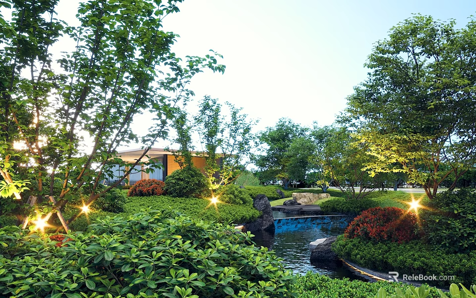 Rockery Stones In Scenic Garden With Small Stream Lush Green Plants And Evening Lights 3d model 