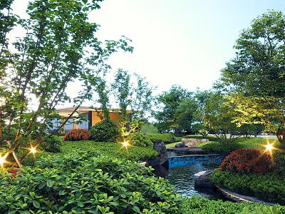 Rockery Stones In Scenic Garden With Small Stream Lush Green Plants And Evening Lights 3d model