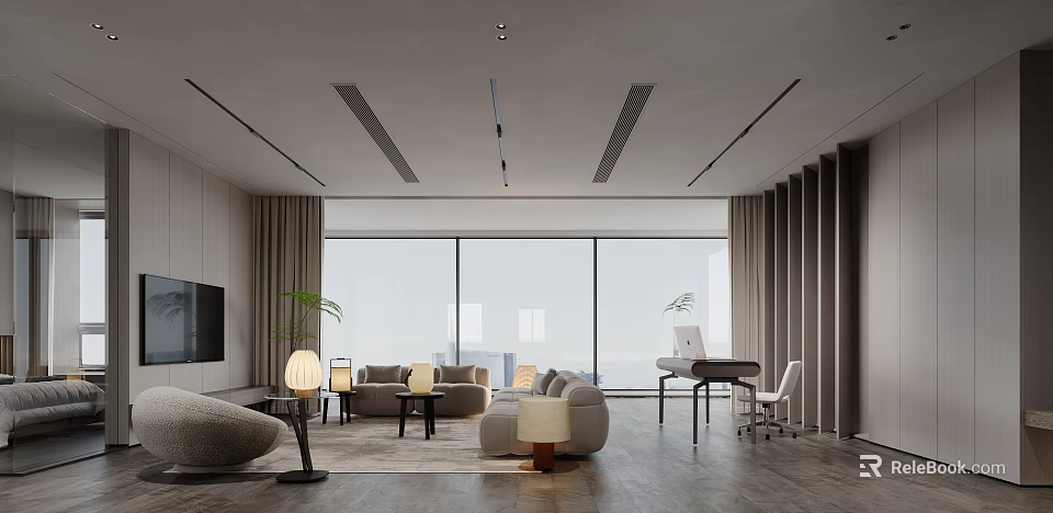 Modern Living And Dining Room Interior With Large Windows Sea View Sofa And Coffee Table 3d model 