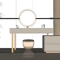 Modern Dressing Table With Round Gold Frame Mirror Light Countertop Brown Stool And Cabinet 3d model