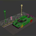 Silver Sports Car Parked On Brick Paved Road With Street Lamps And Red Fire Hydrant