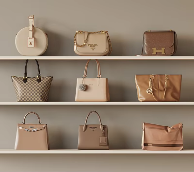 Trendy Various Handbags On Shelves With Different Styles And Neutral Beige Brown Tones 3d model