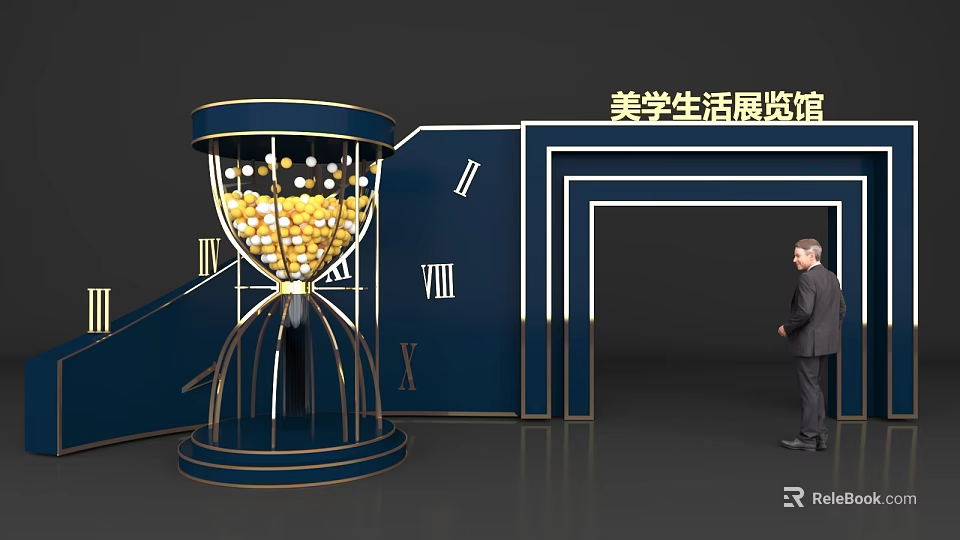 Aesthetic Life Exhibition Hall Launch Device With Hourglass Golden Spheres And Roman Numeral Clock 3d model 