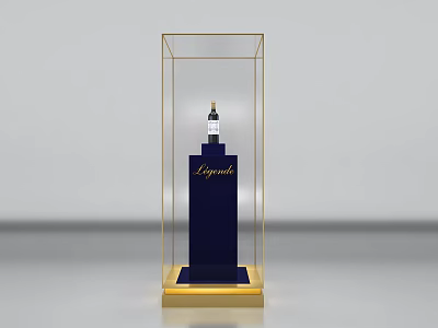 Display Showcase with Golden Frame Transparent Design Holding Blue L'egende Bottle on Golden Base 3d model