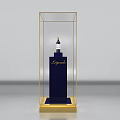 Display Showcase with Golden Frame Transparent Design Holding Blue L'egende Bottle on Golden Base