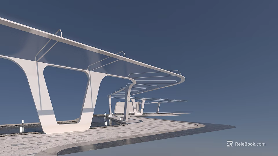 Modern Pergola Design With Curved White Structure Transparent Canopy Open Space And Stone Pavement 3d model 