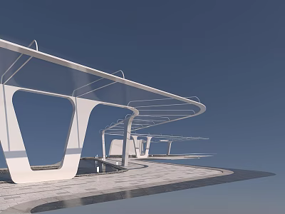 Modern Pergola Design With Curved White Structure Transparent Canopy Open Space And Stone Pavement 3d model