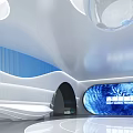 Modern Futuristic Exhibition Hall With Blue Light Column Circular Lights And White Curved Design