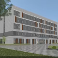 Modern Office Building Exterior With White Facade Dark Windows Greenery And Parking