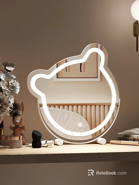 Bear Head Shaped LED Illuminated Mirror In Kids Bedroom With Crib And Stuffed Toy 3d model 