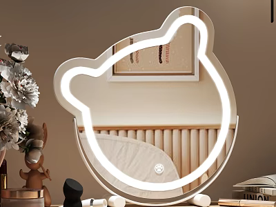 Bear Head Shaped LED Illuminated Mirror In Kids Bedroom With Crib And Stuffed Toy 3d model