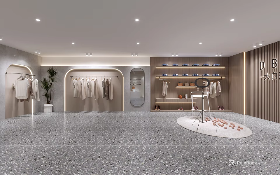 Modern Clothing Store Interior With Hanging Clothes Mirror Display Shelves And Potted Plant 3d model 