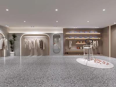 Modern Clothing Store Interior With Hanging Clothes Mirror Display Shelves And Potted Plant 3d model